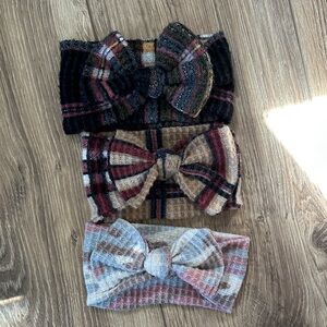 Plaid Bow Knit Headband Set for Kids - Black, Tan, Pink